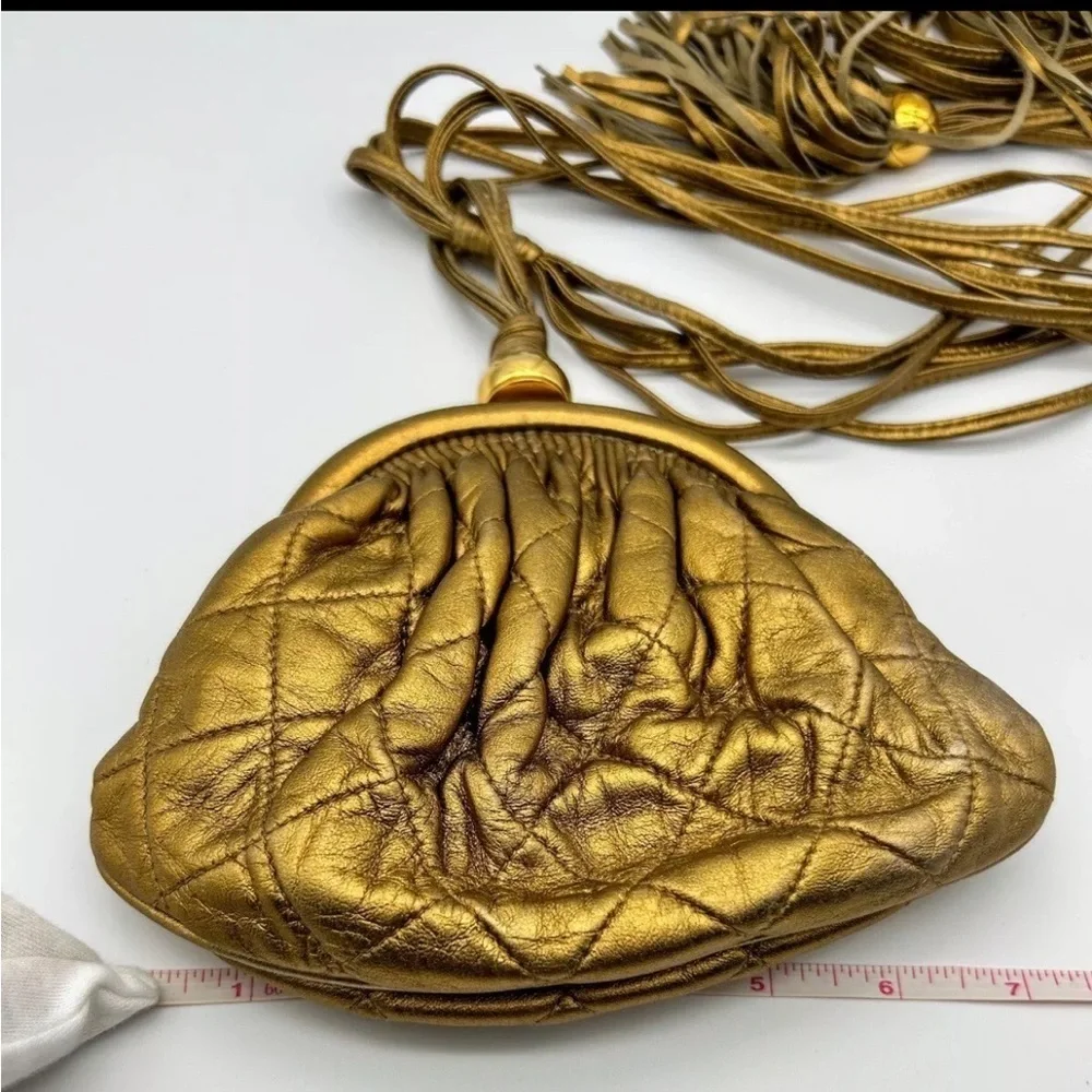 Chanel Quilted Vintage Rare Gold Bronze Waist Pouch bag Tie Fringe sling
